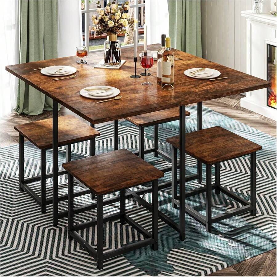 Mesas de Comedor, Mesas de Comedor 4 Personas - Mesas Comedors 4 sillas Robusto y Ahorra Espacio (80x80cm, marrón rústico) (Color Retro) - Café integral - Ver 1