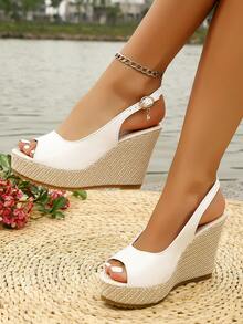 Mẫu sandal nữ thời trang mới năm 2026, kiểu dáng cổ điển, có một khóa cài, nơ đính đá, quai điều chỉnh được bằng da PU, đế dày, gót xuồng. - trắng - Xem 2
