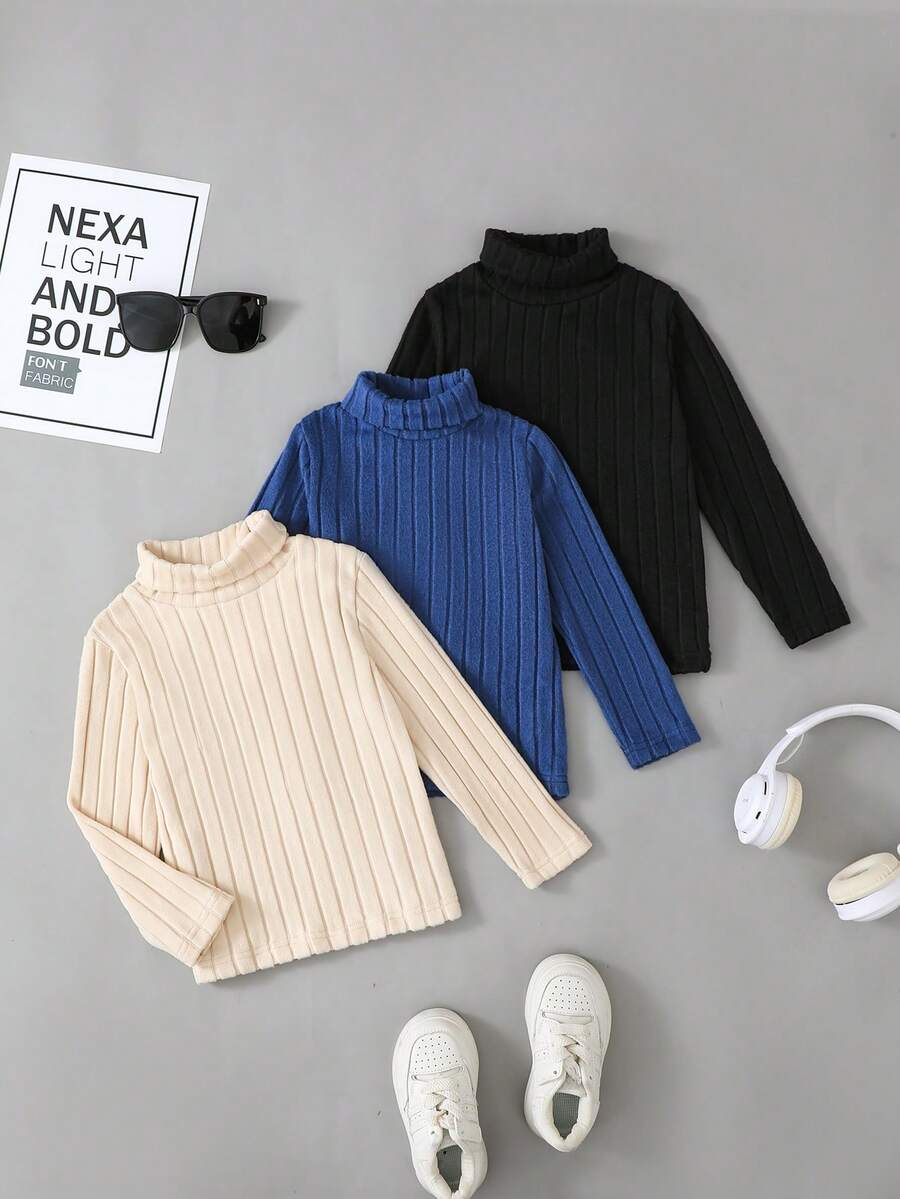 Conjunto de suéter de cuello alto acanalado con parches para niño - Azul - Ver 1