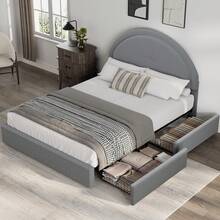 Meiyiu Twin/Full/Queen Size Bed Frame With Storage Drawers, Upholstered Boucle Platform Bed With Round Headboard, Heavy Duty & Noise Free, No Box Spring Needed - Grey-Full - 查看 4
