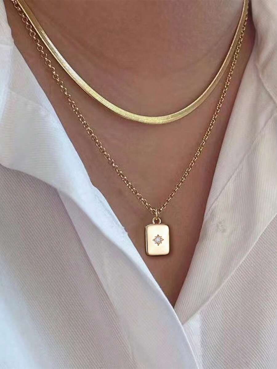 Nooxian 2 piezas Collar colgante de doble capa con cuchilla de acero inoxidable, cadena cuadrada de cobre con micro-incrustación de circonita brillante - Amarillo Oro - Ver 1