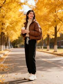 بنطلون نسائي من الفليس الدافئ مع رباط، لون أحادي بسيط | بنطلون رياضي فضفاض بخصر عالي مع رباط، مناسب للخريف/الشتاء للاستخدام اليومي، المنزل، والموضة الشارعية