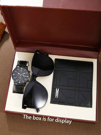 男士三件套奢华礼盒：黑色石英表（黑色表盘，罗马数字时标，日期显示，镶钻）+金色飞行员太阳镜（棕色镜片）+棕色PU皮夹，时尚百搭，适合日常及商务场合，是生日/周年纪念/圣诞节的完美礼物。