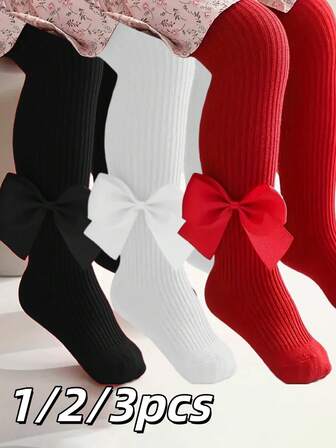1/2/3 st flickstrumpbyxor, söt rosettdekoration, enfärgade leggings, moderiktiga matchande strumpbyxor för småbarn, lämpliga för inomhus- och utomhusbruk, flera tillfällen, alla årstider