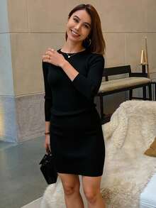 Livesso Solid Ribbed Knit Sweater Dress,Fall Women Clothes Summer Women Dresses - Black - View 4
