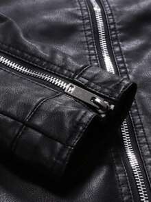 男士时尚英伦风皮夹克，复古立领休闲摩托车皮夹克，男友圣诞礼物，送给他的礼物 - 黑色 - 查看 6