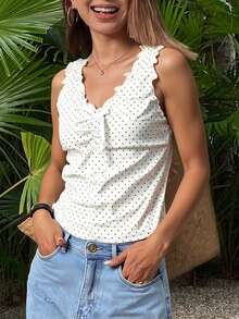 Livesso 韩版女式波点无袖蝴蝶结上衣外出上装 - 杏色 - 查看 6