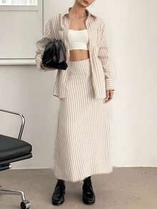 DAZY Women's Casual Striped Shirt And Skirt 2 Pieces Set Lounge Sets For Women - Apricot - View 2