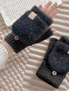 1双2025新款冬季露指翻盖半指手套白色蓬松女士加厚保暖手套适合学生骑行和触摸屏 - 彩色 - 查看 6