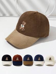 1pc Vintage Cute Embroidered Bear Patchwork Unisex Baseball Cap, Autumn/Winter - Multicolor - View 3