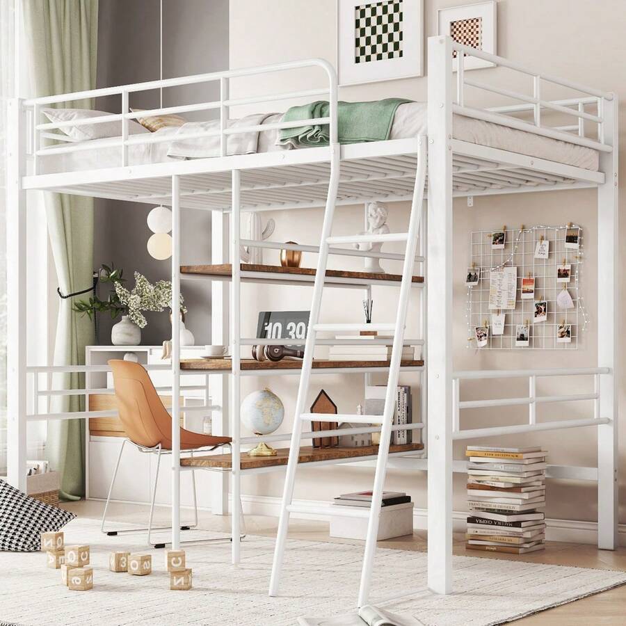 High Bed, 90*200cm, Without Mattress, Bed With Desk, Multiple Shelves, Railing, Ladder, Iron Frame, Black - 白色 + 金屬 + 90厘米*200厘米 - 查看 1