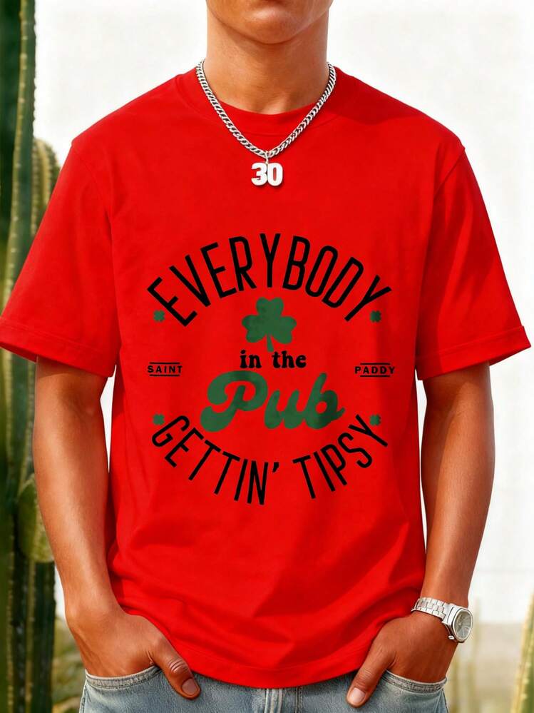 Camiseta de Manga Corta Negra con Estampado de Trébol y Texto Pub para Hombre Ideal para Salir a Beber en Bares y Fiestas - Rojo - Añade 6