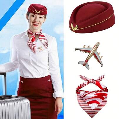 一套/3件套空姐制服配饰，包括帽子和围巾，适合航空公司机组人员角色扮演和cosplay