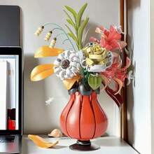 500+Piezas/Caja, Ramo de flores de madera de estilos múltiples, Arreglo floral de madera exquisito, Flores artificiales realistas, Decoración interior DIY, Flores frescas eternas, Adecuado para ramos florales románticos, Decoración del hogar y la oficina - Jarrón de bloques de construcción de tres colores - Ver 2