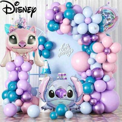 121件套史迪奇生日派对气球套装，营造生日派对氛围，适合家庭聚会、校园派对、背景装饰等场合。乳胶球可用于生日派对装饰、母亲节、毕业典礼、派对、节日、日常聚会、返校季、圣诞派对等。