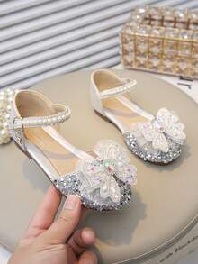 Girls' Party Dress Shoes With Shiny Multi-Layer Bow And Safety Pearl Strap, Creating An Elegant Look - Silver - View 2