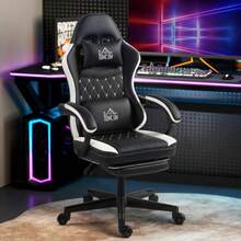 HOMCOM Gaming Chair With Footrest, Computer Chair With Headrest And Cushion, Faux Leather Cover, Swivel, Height Adjustable, Metal, Plastic, Black+White (Available On Site) - 1 - View 2