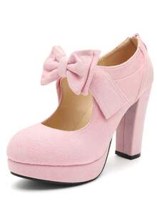 MAIERNISI JESSI Womens Bow Heels Mary Jane Shoes Round Toe Platform Chunky High Heel Vintage Dress Pumps - 粉紅色絨面 - 查看 9