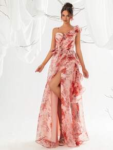 VIPGIRL Floral Print Mesh Ruffle Trim Asymmetric Neck Evening Maxi Dress - Rusty Rose - View 3
