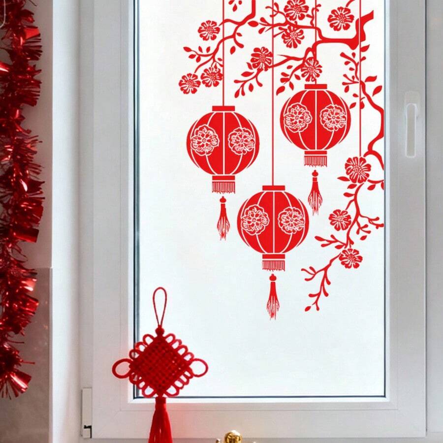 1pc Chinese New Year Red Lanterns Window Decoration - Self-Adhesive Removable PVC Glass Sticker With Red Lanterns & Plum Blossoms, Festive Home Decor, Traditional Chinese Design, Easy Application, Decorative Sticker, Holiday Shoppers - Multicolor - View 1
