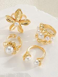 4pcs Elegant Vintage Coin Flower Shaped Pearl Decor Ring Set For Women, Suitable For Vacation, Party, Wedding, Birthday, Daily Wear (No Box) - Yellow Gold - View 7