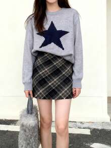 女士格子高腰直筒休闲百搭半身裙 - 灰色 - 查看 2