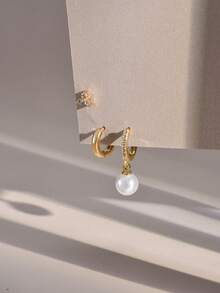 Bộ 3 bông tai nữ sang trọng tối giản thanh lịch, đính đá Cubic Zirconia khảm đồng và ngọc trai giả - Vàng - Xem 4