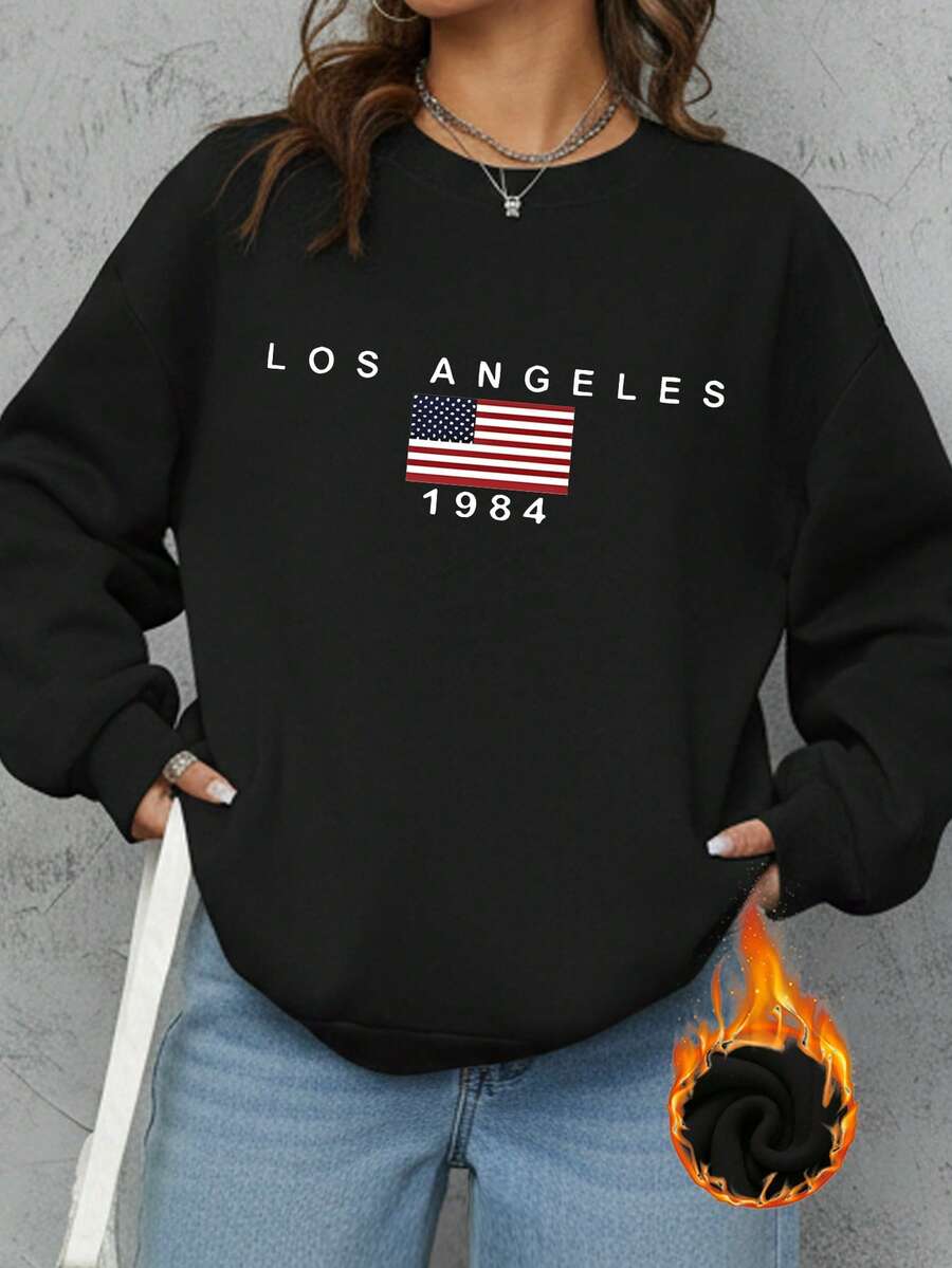 女士天鹅绒圆领卫衣，运动风，饰有美国国旗图案。适合聚会、运动、户外休闲等场合，此款为秋冬黑色款。 - 黑色 - 查看 1