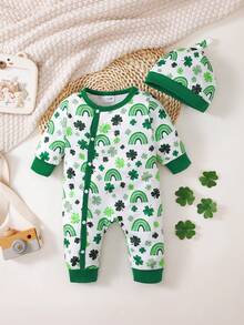 1pc Baby Boys' Green Four-Leaf Clover Print Hooded Front Snap Closure Romper + Hat Set - Green - View 1