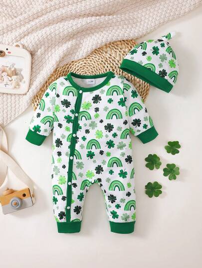 1pc Baby Boys' Green Four-Leaf Clover Print Hooded Front Snap Closure Romper + Hat Set