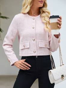 Women's Elegant Round Neck Long Sleeve Thick Wool Front Button Cardigan Jacket - Pink - View 6