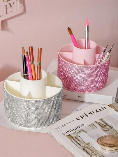 360°旋转水钻化妆品收纳盒，ins风超吸睛桌面收纳盒，化妆刷架，美甲工具收纳，女士礼物，房间装饰