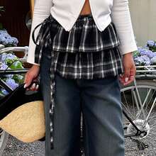 Livesso 女士格子层叠系带超短迷你裙 秋季半身裙 - 黑色 - 查看 6