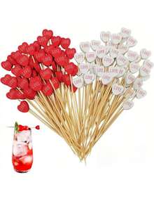 100pcs/50pcs Valentine's Day Heart Theme Skewers - Red & White Heart "Love" Pendant, Heart Shaped Bamboo Toothpicks, Bamboo Skewers, Ideal For Cakes, Desserts, Salads, Sandwiches - Birthday, Wedding, Valentine's Day Events, Parties, Restaurants And Home, Holiday Tableware, Decorative Skewers, Bamboo Picks - Multicolor - View 3
