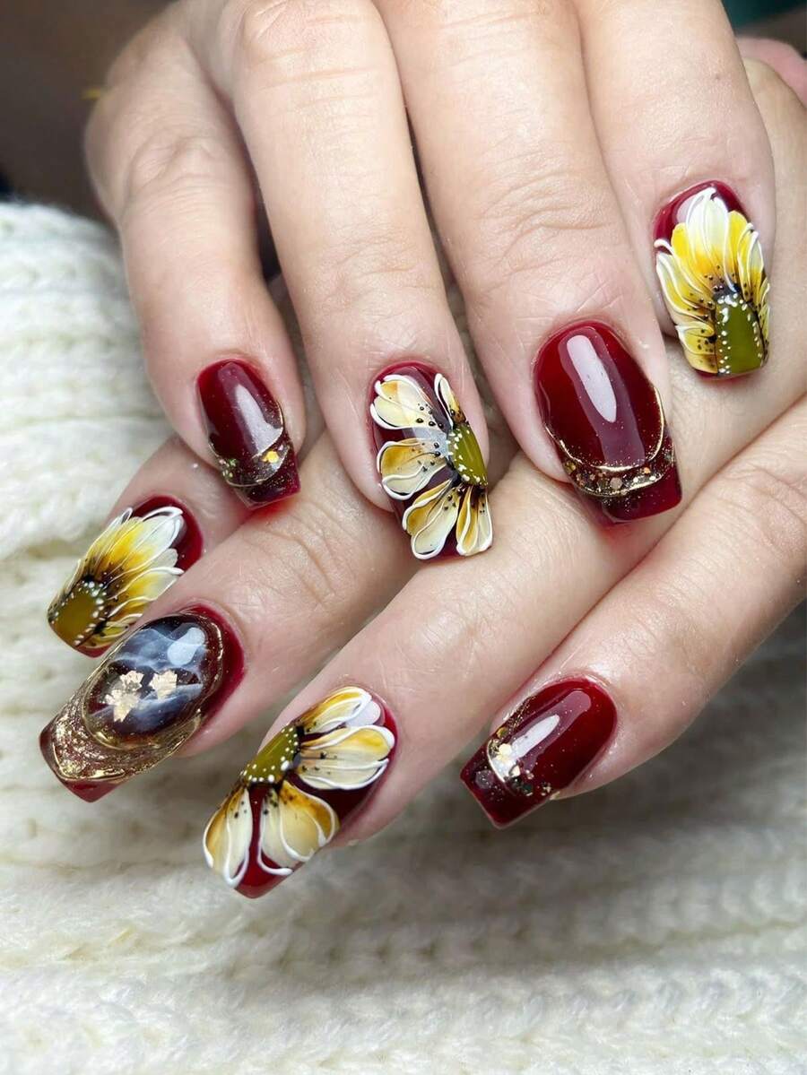 24 miếng dán móng tay hình vuông màu đỏ bóng, chất liệu acrylic, móng giả, thích hợp sử dụng hàng ngày. - Đỏ - Xem 1