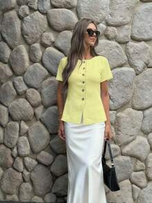 FOR BEAUTY 女士春夏新款针织上衣，休闲简约，时尚百搭，适合通勤和日常穿着，搭配黄色短袖金属纽扣开衫，新年快乐！ - 嫩王 - 查看 4