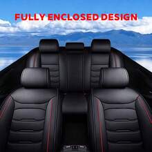 Stylish Black Faux Leather 5-Seater Full Coverage Car Seat Covers - Includes Headrest & Lumbar Pillows Universal Fit Auto Seat Protectors - Five Black Seats With Headrests and Lumbar Support - View 11