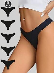 5pcs/Pack Women's Seamless Thong Panties, Low Waist Black Smooth Silky Invisible Underwear With Ruffled Trim, Basic Satin Sexy Thong, Thin Breathable G-String - Black - View 3