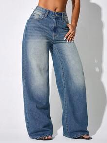 Quần jeans nữ ống rộng cạp thấp, màu xanh dương, có túi hai bên, kiểu dáng suông, thích hợp cho mùa thu và mùa xuân. - Xanh đậm - Xem 5