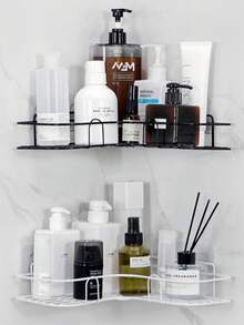 1个免钻孔三角形置物架，适用于浴室、厨房，铁艺收纳架，带篮子，可壁挂安装 - 彩色 - 查看 3