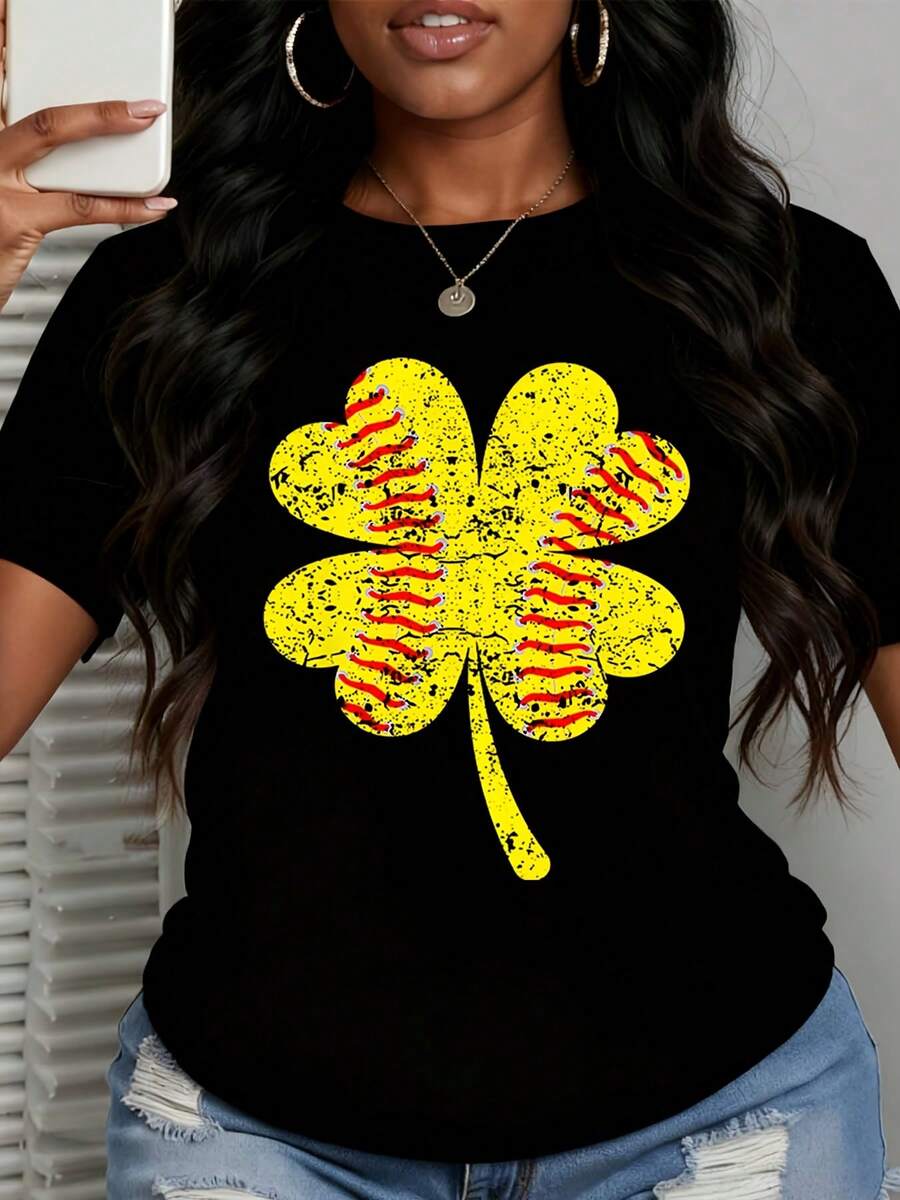 Women's Casual T-Shirt Baseball Clover Print For St Patricks Day Party Outfit - 黑色 - 查看 1