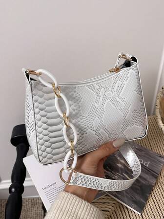 2026 Ny Mode Enkel Vit Ormskinnsmönstrad Axelväska, Avslappnad Armhålsväska, Enfärgad Handväska, Lämplig För Alla Hjärtans Dag-present, Daglig Användning, Shopping, Dejting, Kvinnor, Studenter, Kontor, Skola, Arbete, Pendling