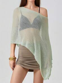 Women's Y2k Sheer Poncho Top, Lightweight Cover-Ups Crochet Shrug Bolero Mesh Knit,See-Through Off Shoulder Solid Irregular Knitted Loose Pullover,Batwing Sleeve Sweater Cover Up Beachwear,Boho Aesthetic Beach Going Out Streetwear,Spring To Summer Outfits,Rave Outfit,Concert Outfit,Summer Vacation Outfits - 綠色 - 查看 4
