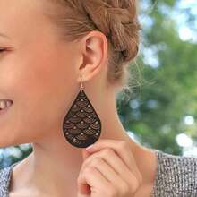 4 对/套复古雕刻花卉图案吊坠耳环，优雅复古风格木制珠宝，精致的女士礼物 - 黑色 - 查看 6