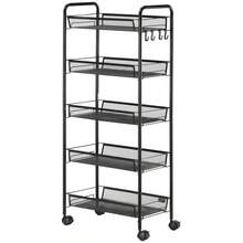 HOMCOM Rolling Trolley, Serving Cart With 4 Shelves And 5 Baskets, Storage Cart With Handle For Kitchen And Living Room In Black Steel