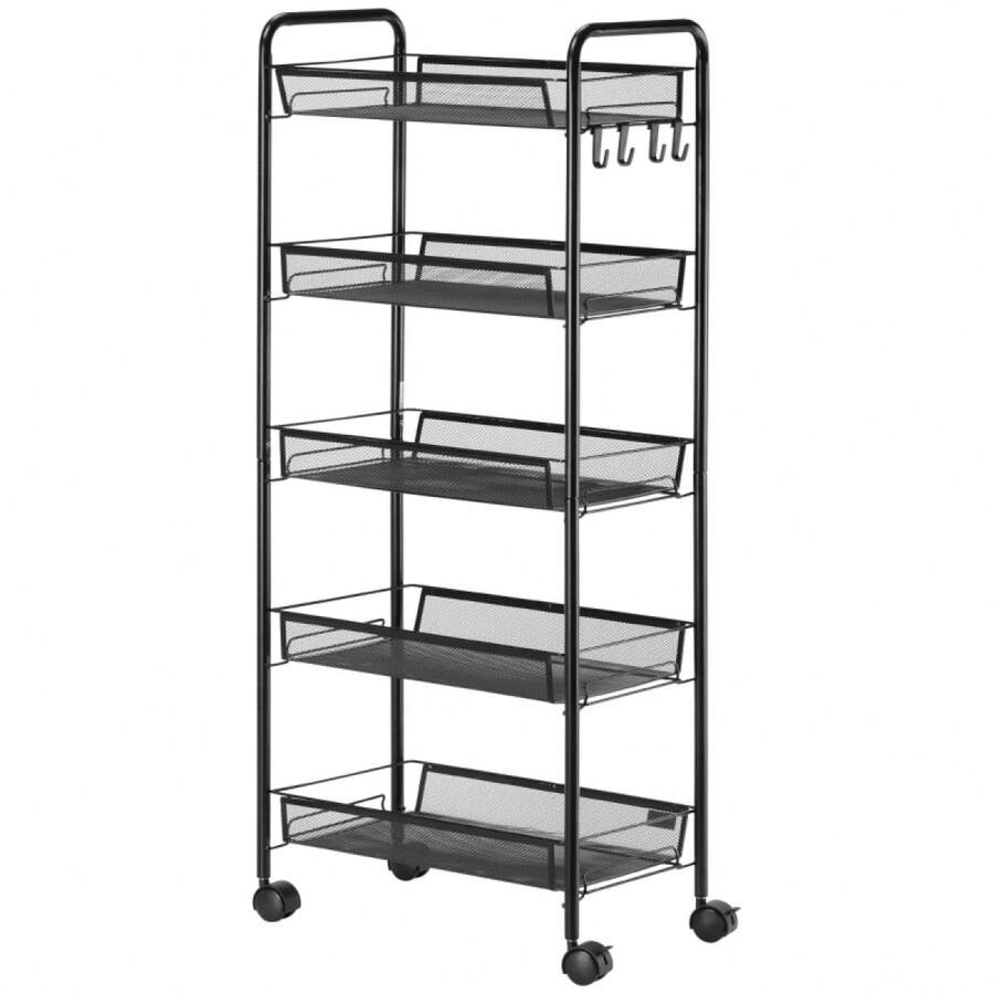 HOMCOM Rolling Trolley, Serving Cart With 4 Shelves And 5 Baskets, Storage Cart With Handle For Kitchen And Living Room In Black Steel