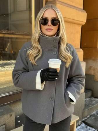 GMFP Women's Fall/Winter Casual Chic Elegant Solid-Color Stand Collar Button-Up Short Loose-Fit Wool Coat Women's Winter Jacket New Year/Christmas