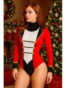 NAVIDAD Body Navideño con Diseño Santa Claus Galleta de Jengibre Gr1nch Muñeco de Nieve Snowman Casca Nueces Pingüino Reno y Duende Estampado Lindo de Manga Larga Cuello Alto para Mujer Dama Sexy NAVIDAD Christmas Rojo Santa Pinguino - Rojo y blanco - Ver 4