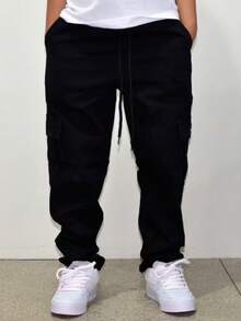 Calça cargo jeans preta infantil juvenil 6 Bolsos - Preto - Visão 2