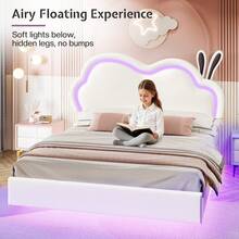 Floating Upholstered Bed Frame With LED Light, Cute Cloud Headboard For Girls, Sturdy Construction, Easy Assembly, No Box Spring Needed - 白色 - 查看 8